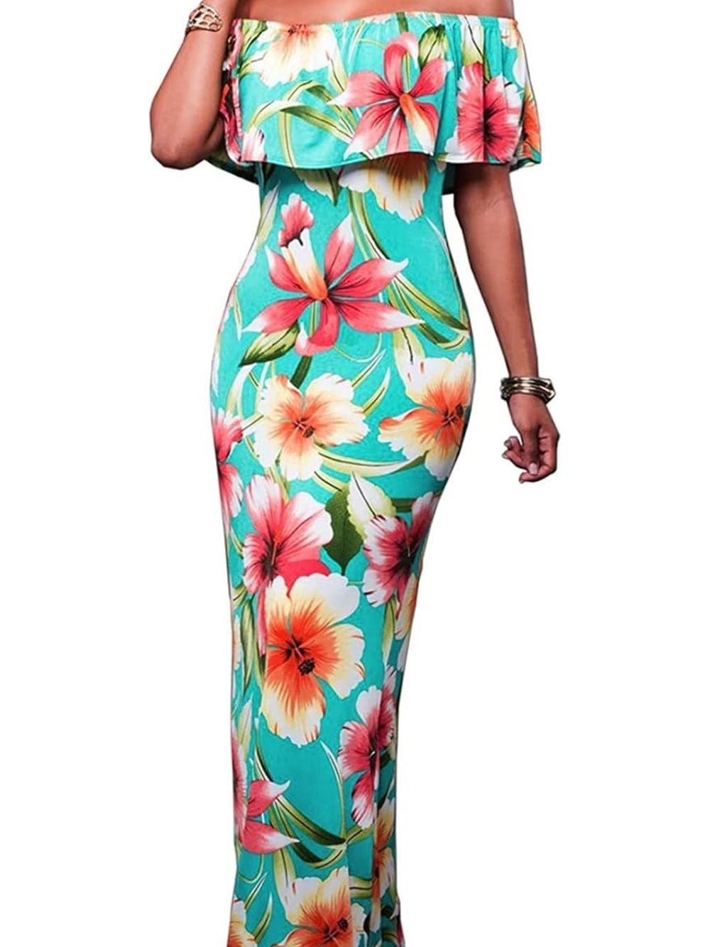 Off-Shoulder Turquoise Floral Maxi Dress with Ruffle Neckline